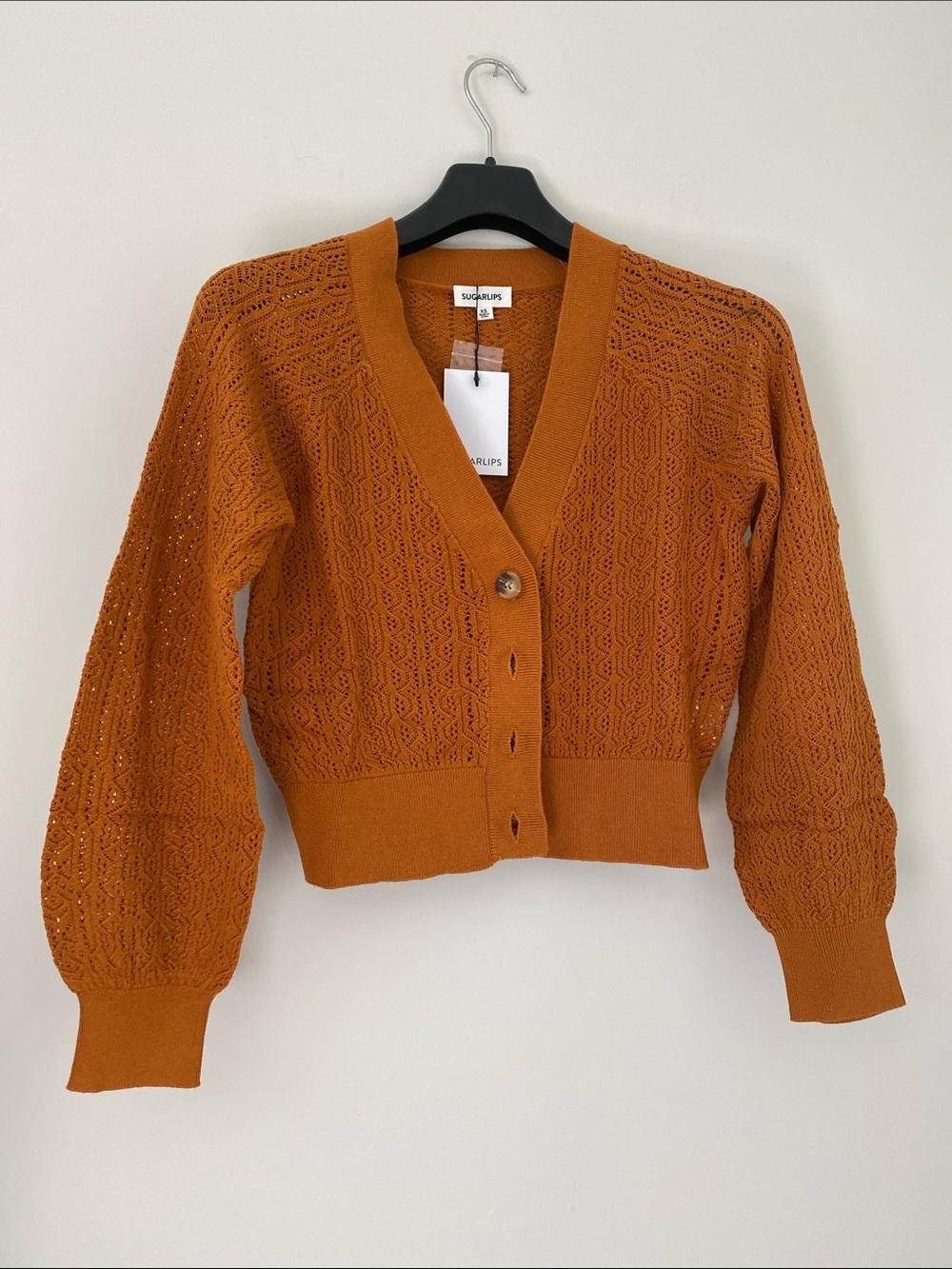 Sugarlips Rust-Orange Openwork V-Neck Button Cardigan